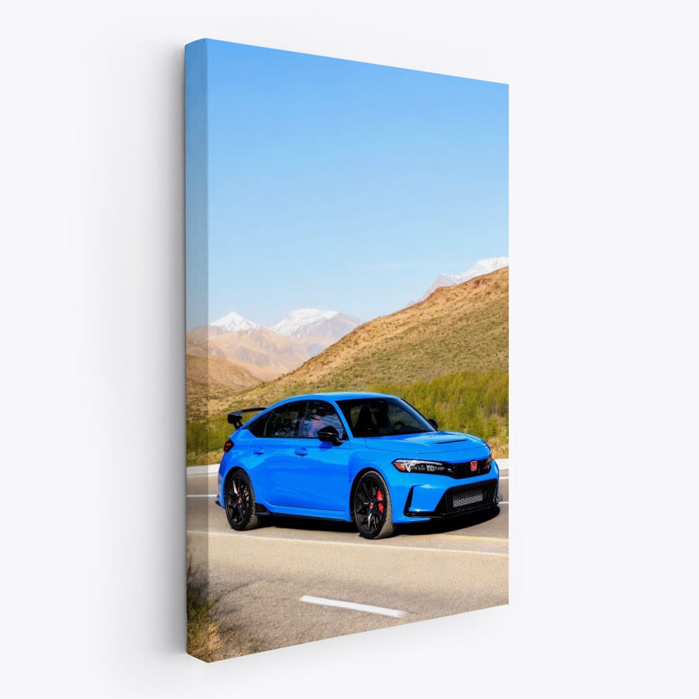 Honda Civic Type R Cruises on Sunny Highway, Mountains Behind