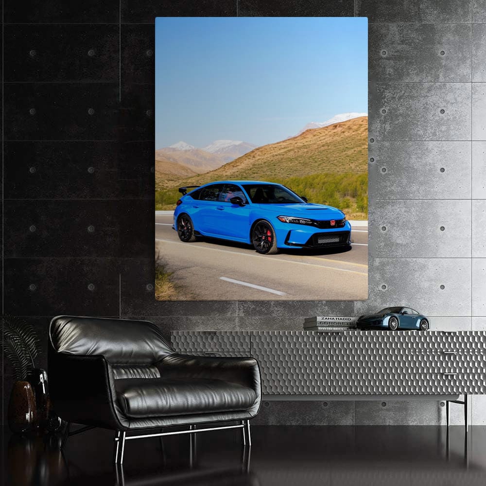 Honda Civic Type R Cruises on Sunny Highway, Mountains Behind