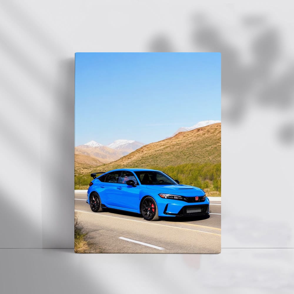 Honda Civic Type R Cruises on Sunny Highway, Mountains Behind