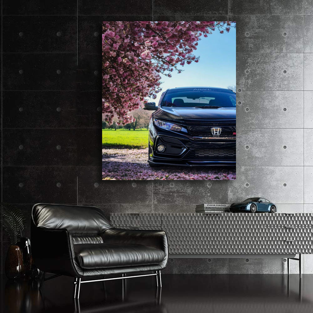 Black Honda Civic beneath Cherry Blossoms - Sleek Elegance