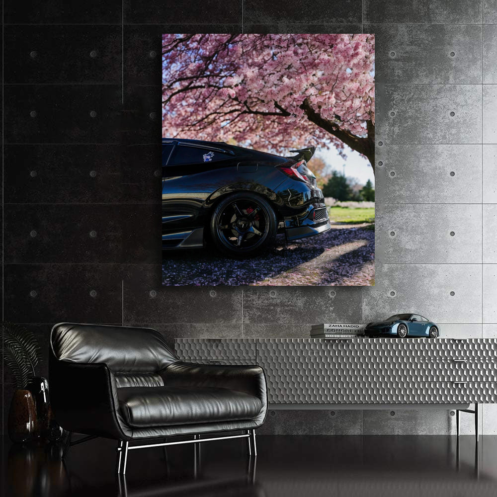 Black Honda Civic Under Cherry Blossoms - Elegant and Timeless