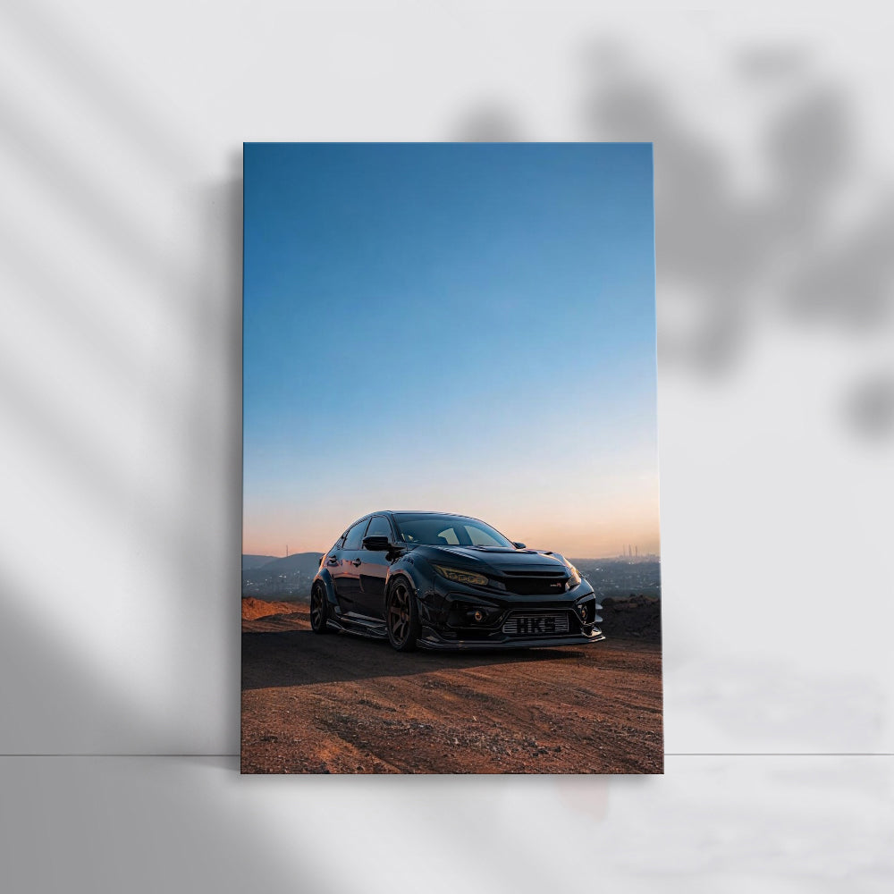 Black Honda Civic with Sunset Cityscape - Sleek and Stylish
