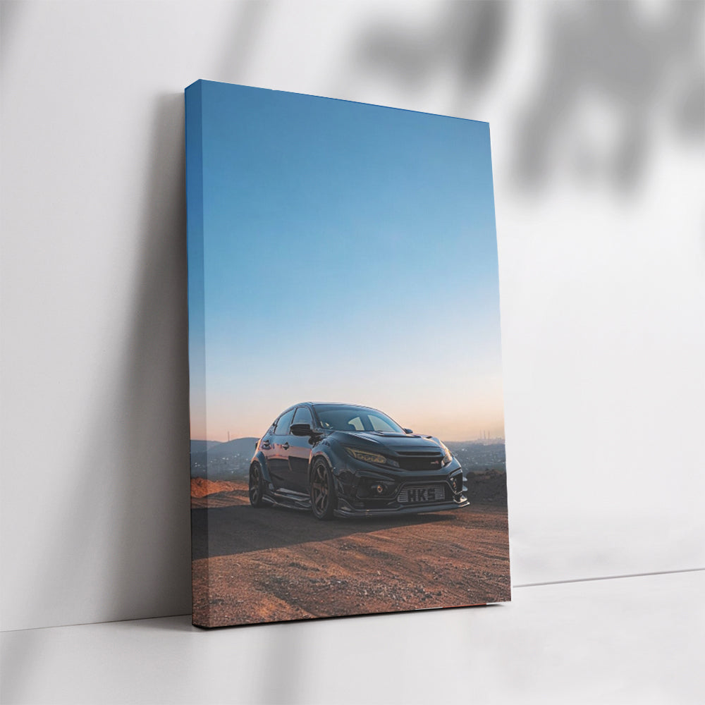 Black Honda Civic with Sunset Cityscape - Sleek and Stylish