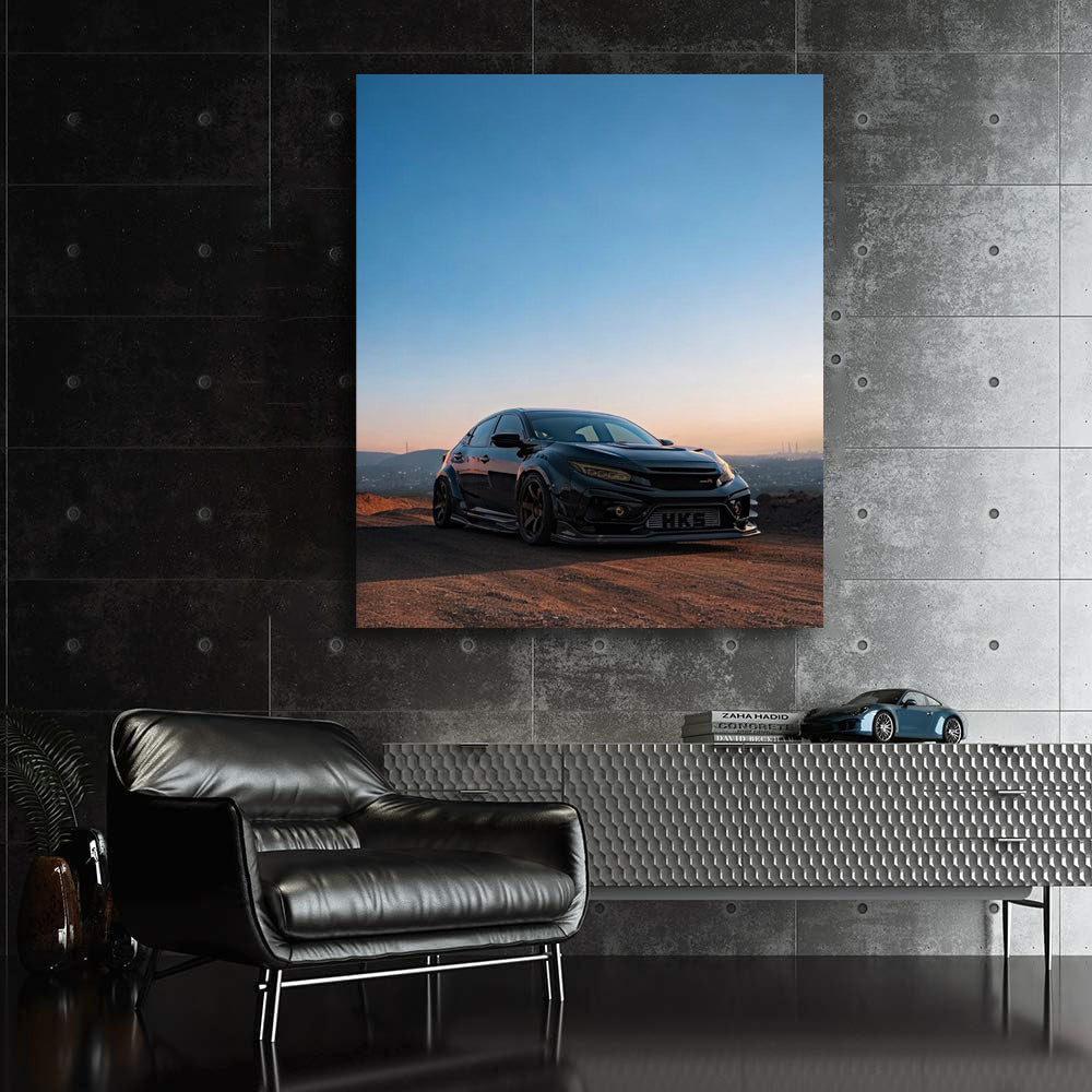 Black Honda Civic with Sunset Cityscape - Sleek and Stylish