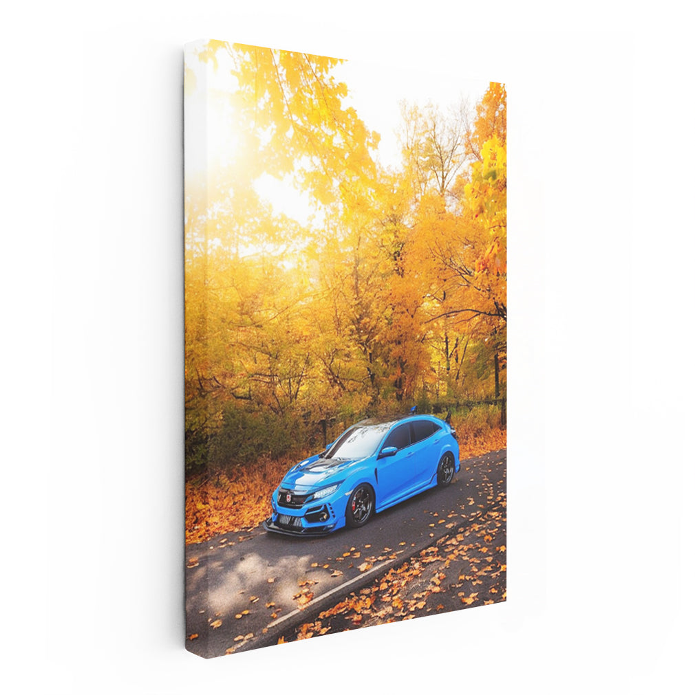 Blue Honda Civic in Autumn Woods - Compact Powerhouse