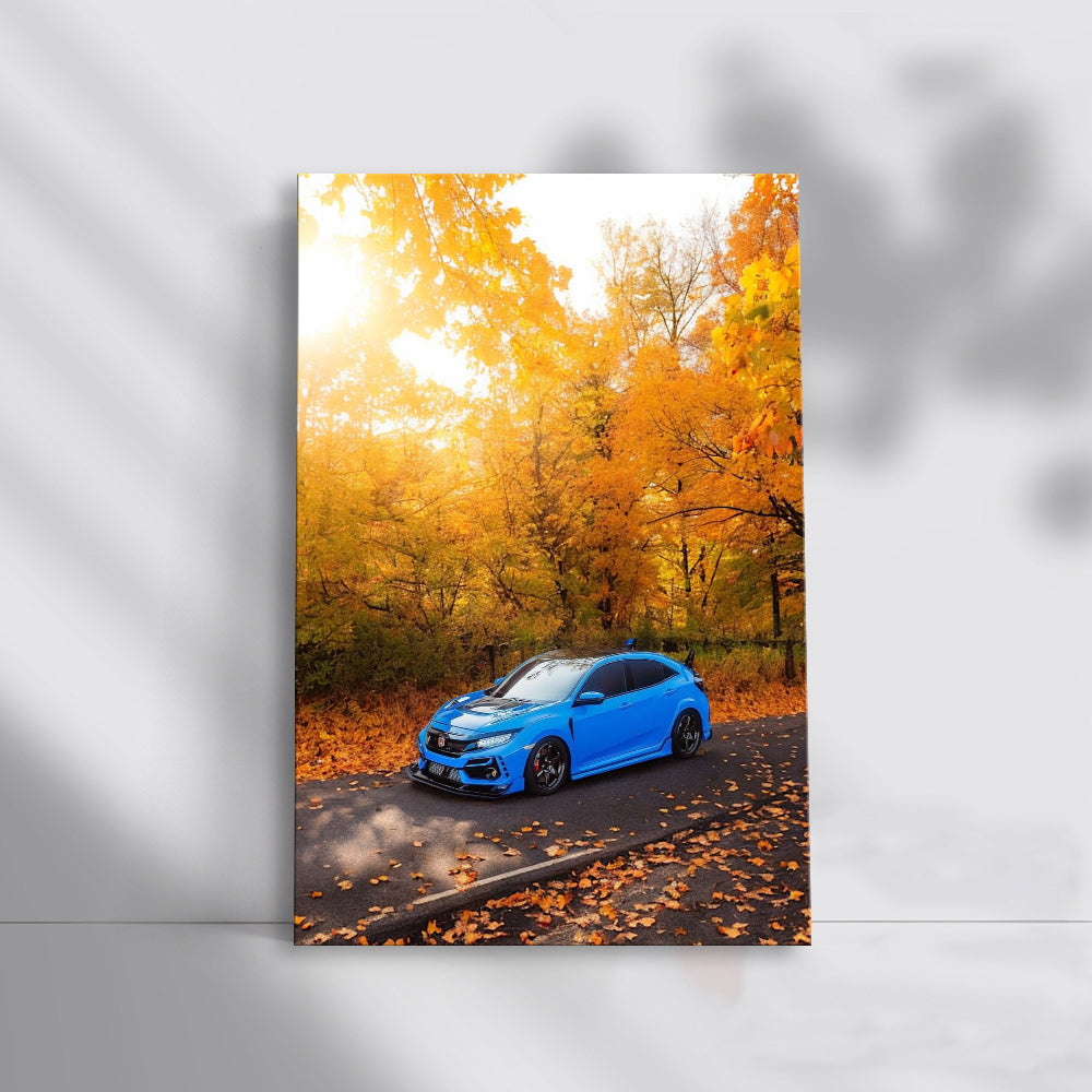 Blue Honda Civic in Autumn Woods - Compact Powerhouse