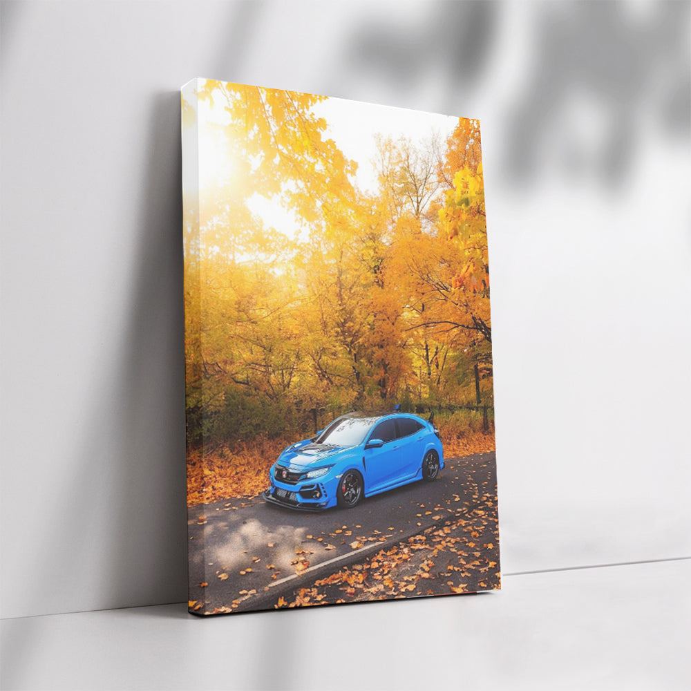 Blue Honda Civic in Autumn Woods - Compact Powerhouse