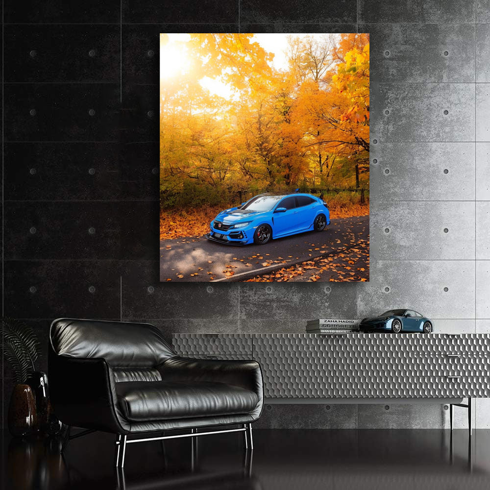 Blue Honda Civic in Autumn Woods - Compact Powerhouse