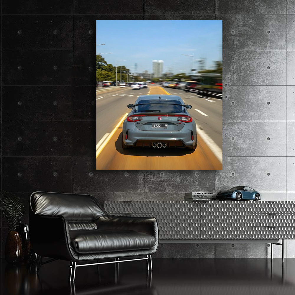 Honda Civic Cruising with Urban Skyline - Sleek & Modern