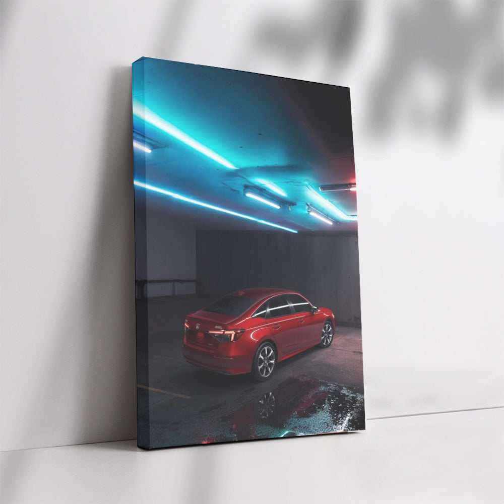 Honda Civic in Neon-Lit Parking Lot - Vibrant Red Spirit