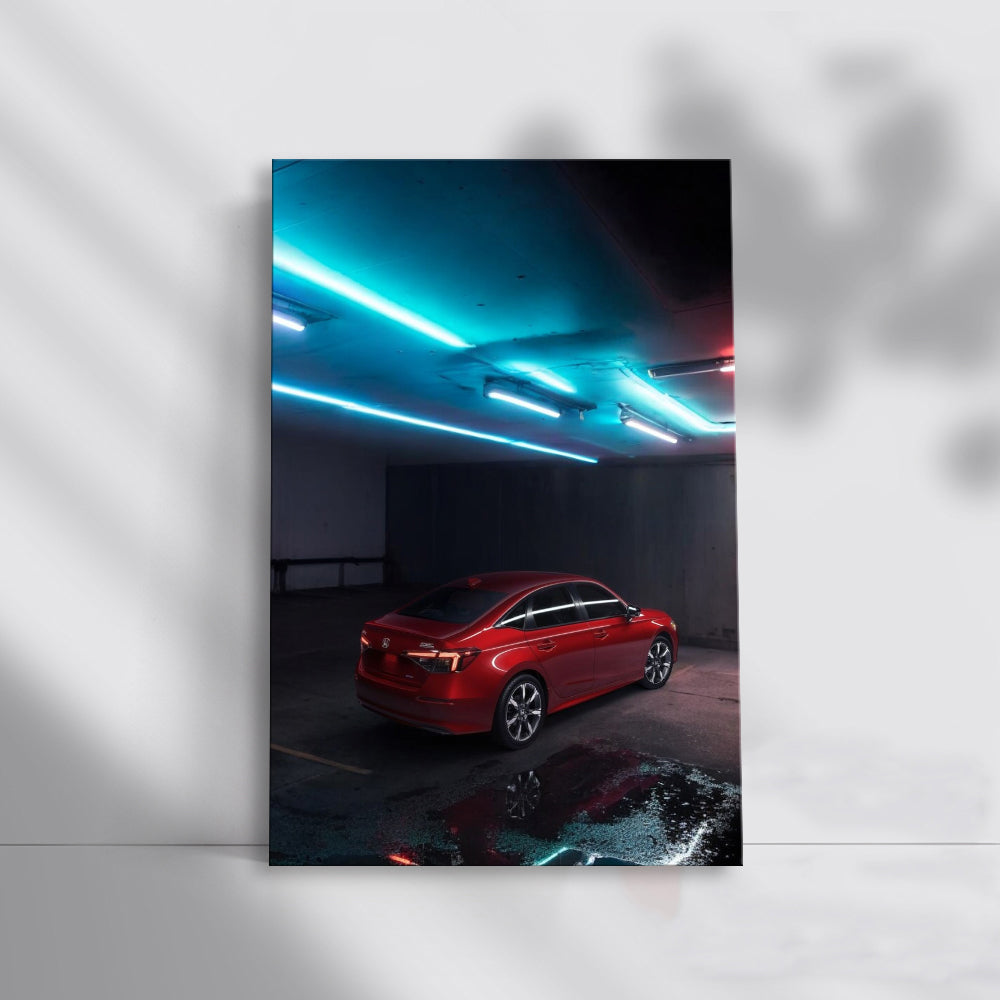 Honda Civic in Neon-Lit Parking Lot - Vibrant Red Spirit
