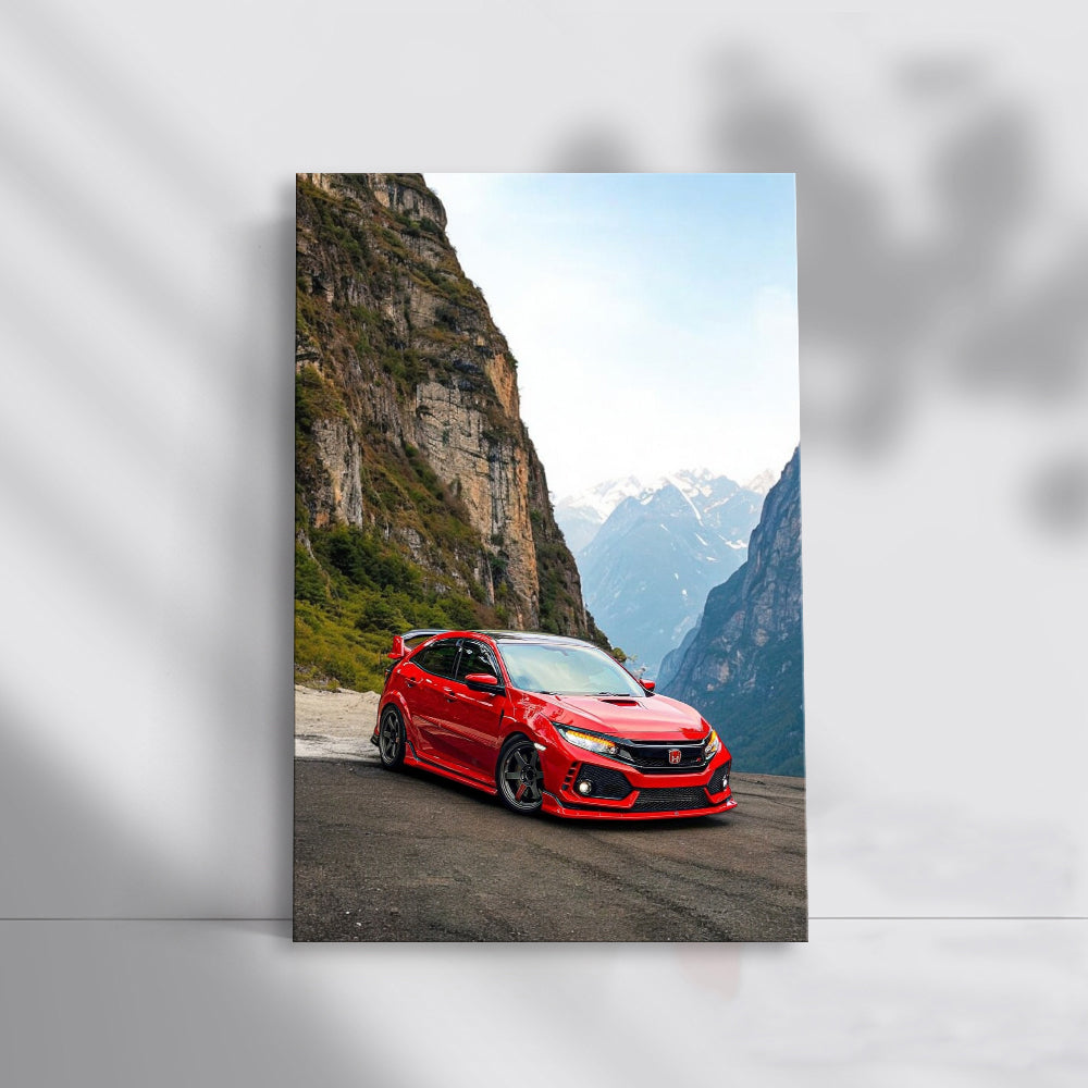 Red Honda Civic with Mountains - Adventure Awaits