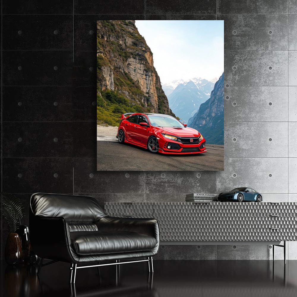 Red Honda Civic with Mountains - Adventure Awaits