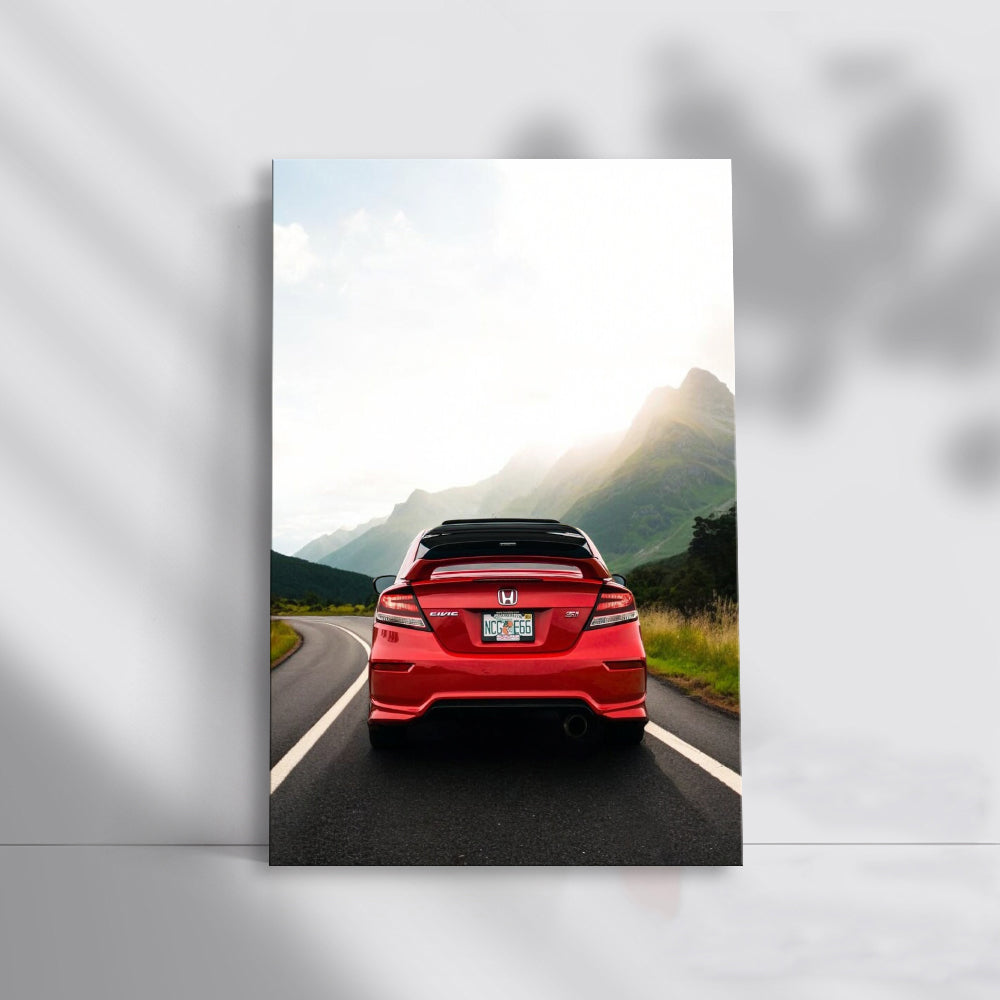 Red Honda Civic With Mountain Backdrop - Sporty Elegance