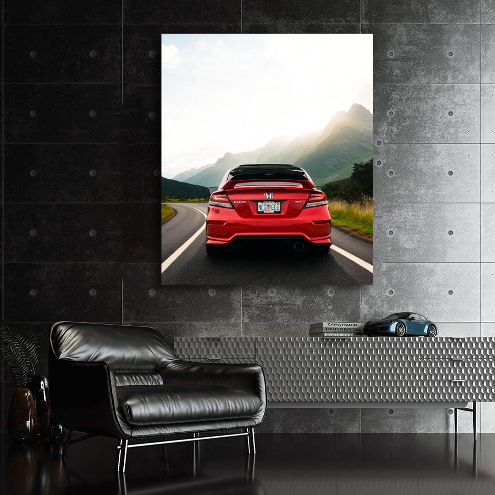 Red Honda Civic With Mountain Backdrop - Sporty Elegance
