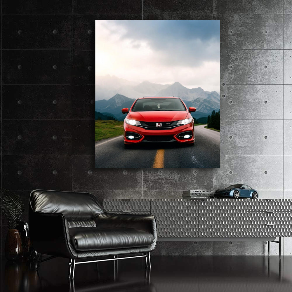 Red Honda Civic Against Mountain Backdrop - Reliable Elegance