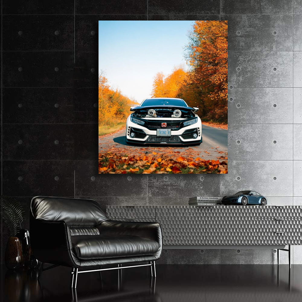 White Honda Civic in Autumn Park - Sleek and Stylish Ride