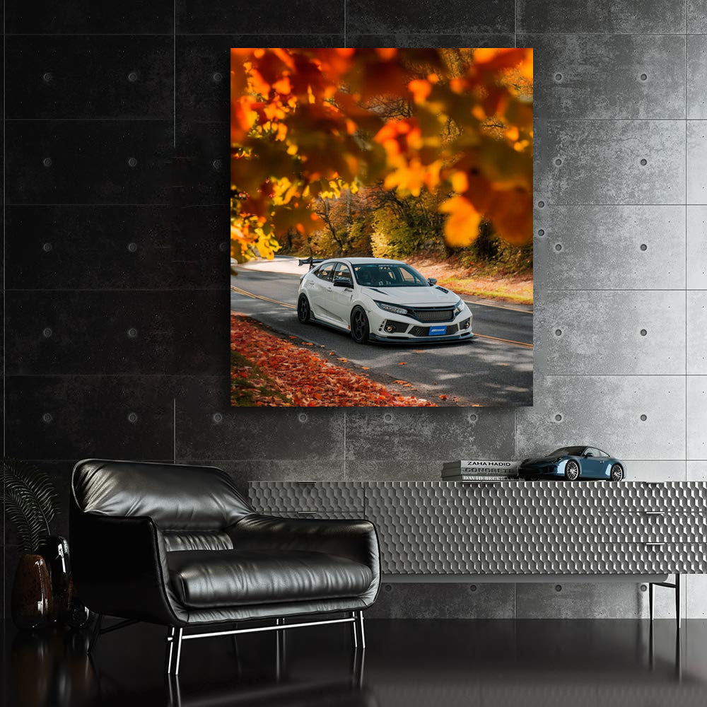 White Honda Civic in Autumn Park - Sleek, Reliable Ride