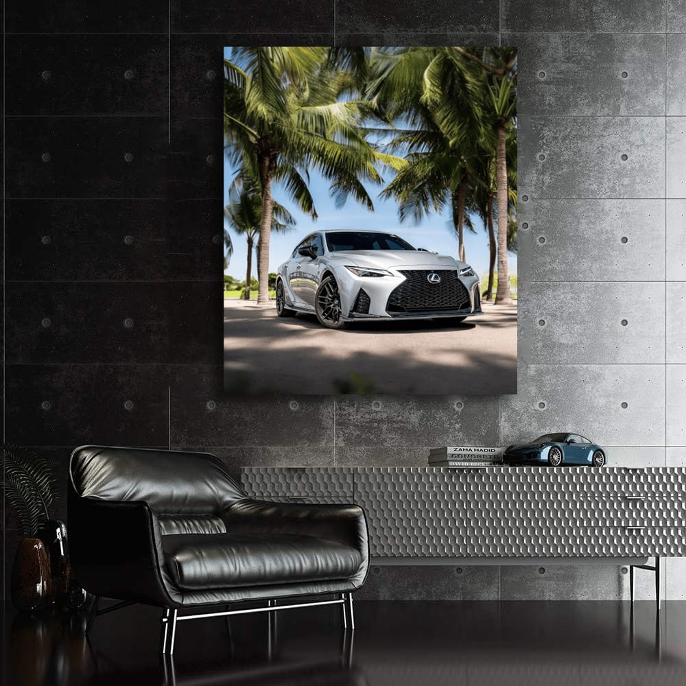 Lexus IS 500 beneath palm trees - sleek luxury performance