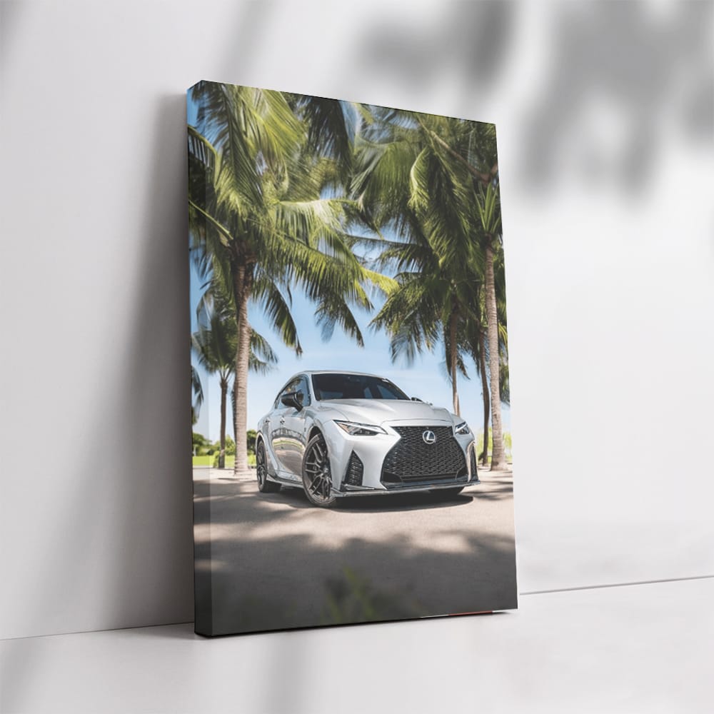 Lexus IS 500 beneath palm trees - sleek luxury performance