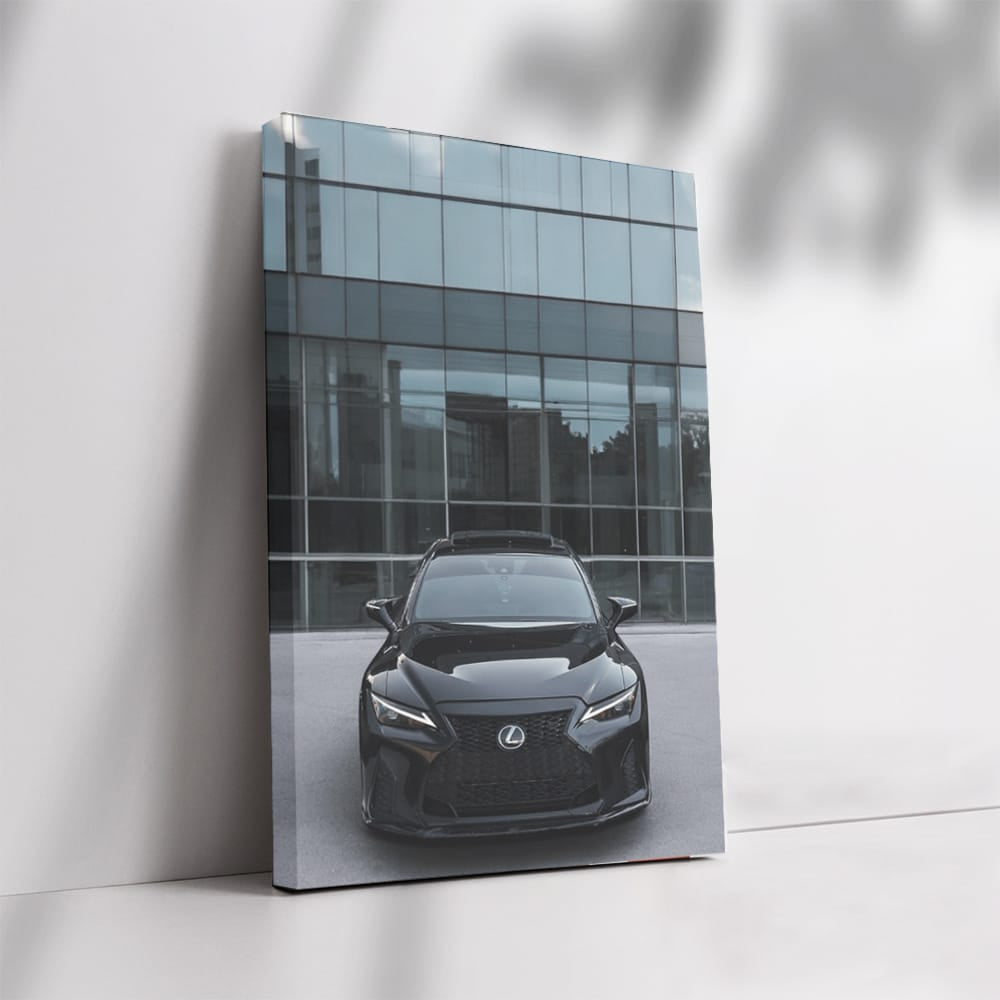Sleek Black Lexus by Glass Building - Elegance in Motion