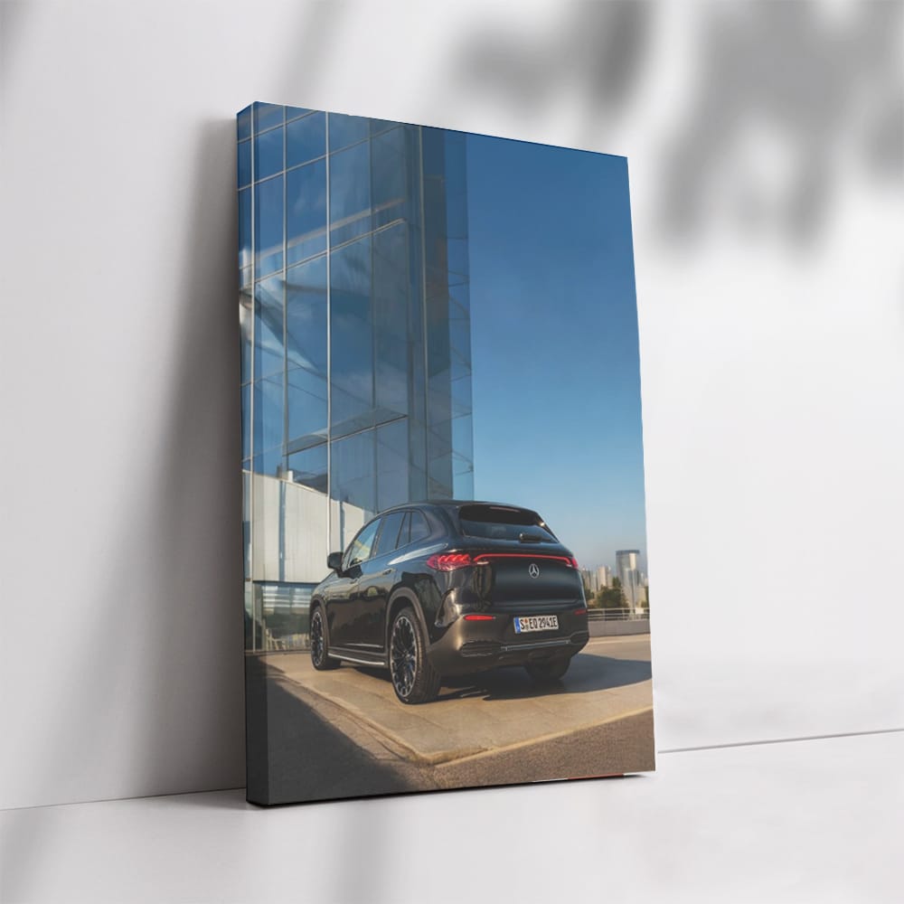 Mercedes with Glass Building Backdrop - Elegant and Bold