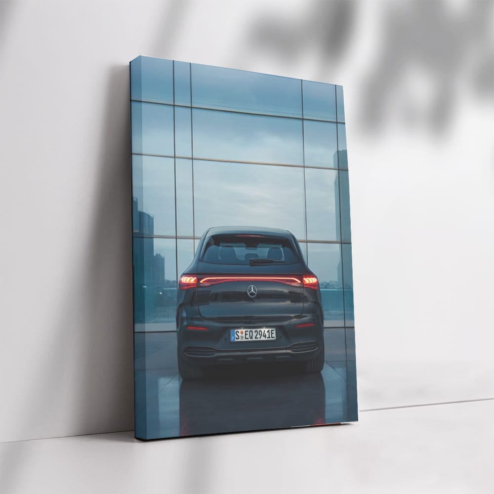 Mercedes in Front of Glass Structure - Sleek and Modern