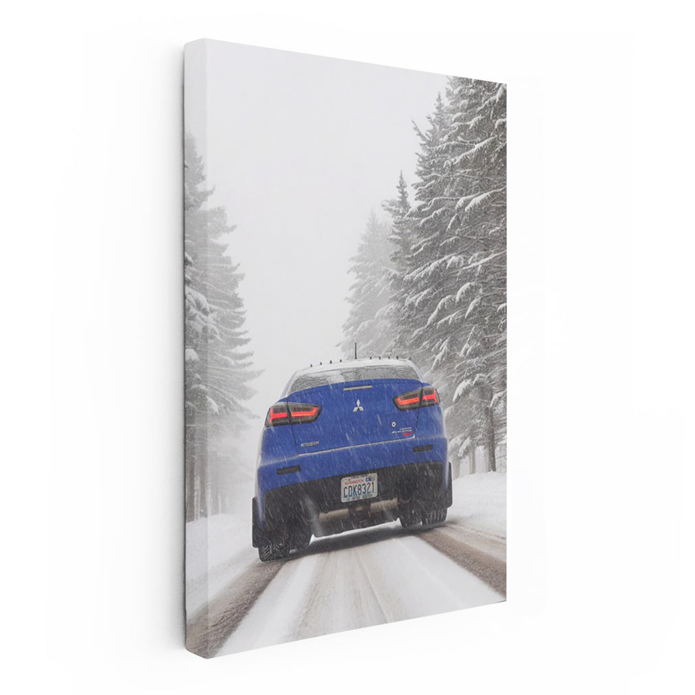 Blue Mitsubishi Lancer in Snow - Sleek and Dynamic Ride