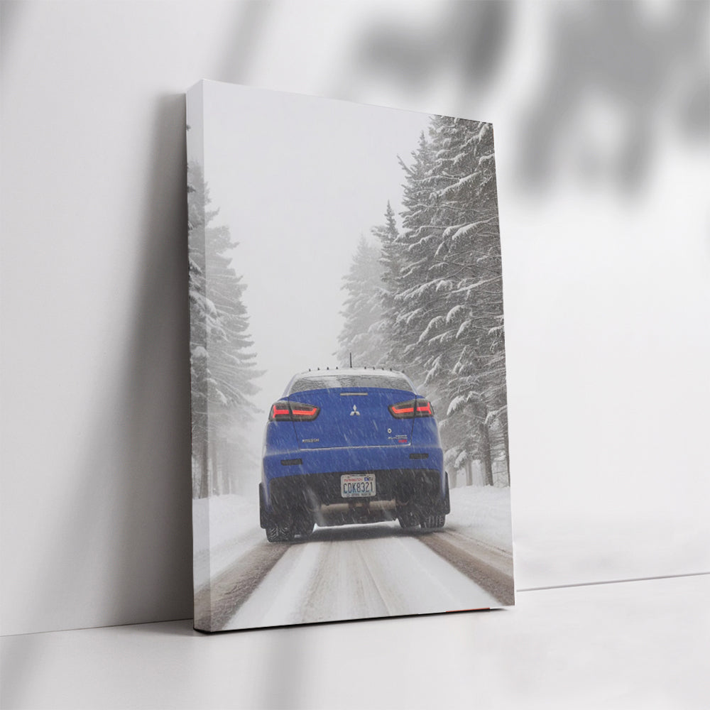 Blue Mitsubishi Lancer in Snow - Sleek and Dynamic Ride