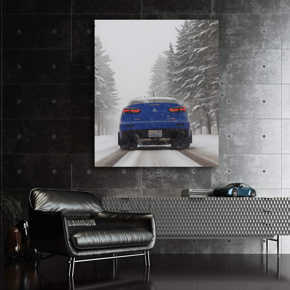 Blue Mitsubishi Lancer in Snow - Sleek and Dynamic Ride