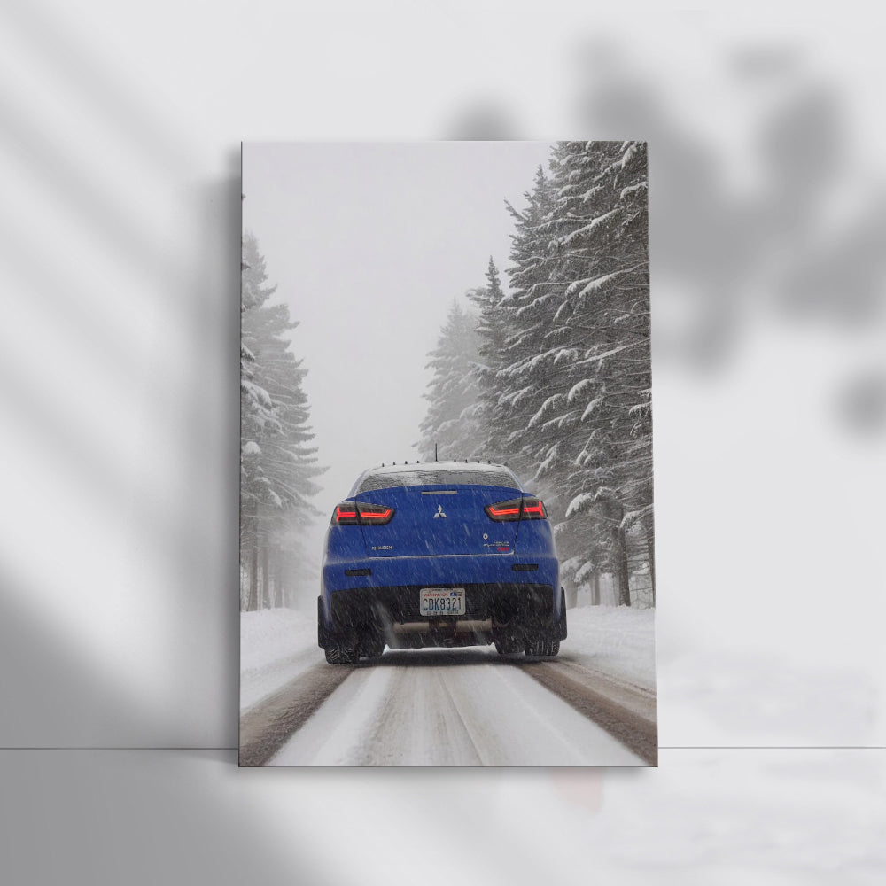 Blue Mitsubishi Lancer in Snow - Sleek and Dynamic Ride