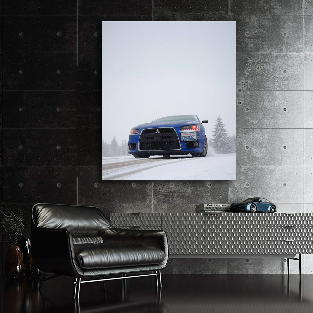 Blue Mitsubishi Lancer in Snow - Reliable and Adventurous