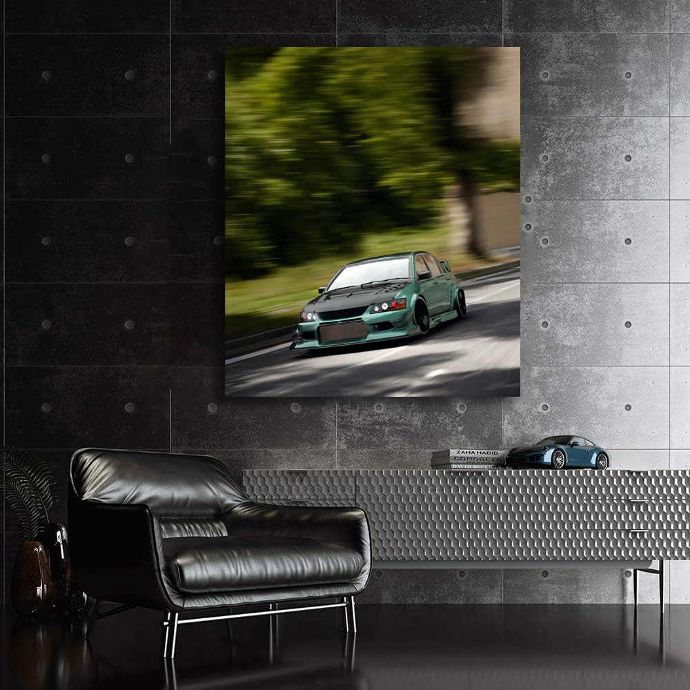 Mitsubishi Lancer Cruising Down Road - Sporty Elegance