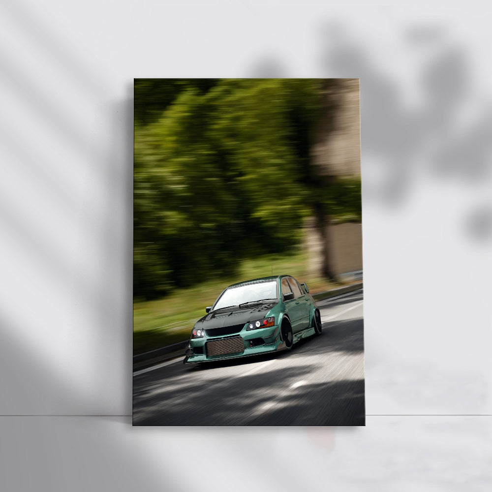 Mitsubishi Lancer Cruising Down Road - Sporty Elegance