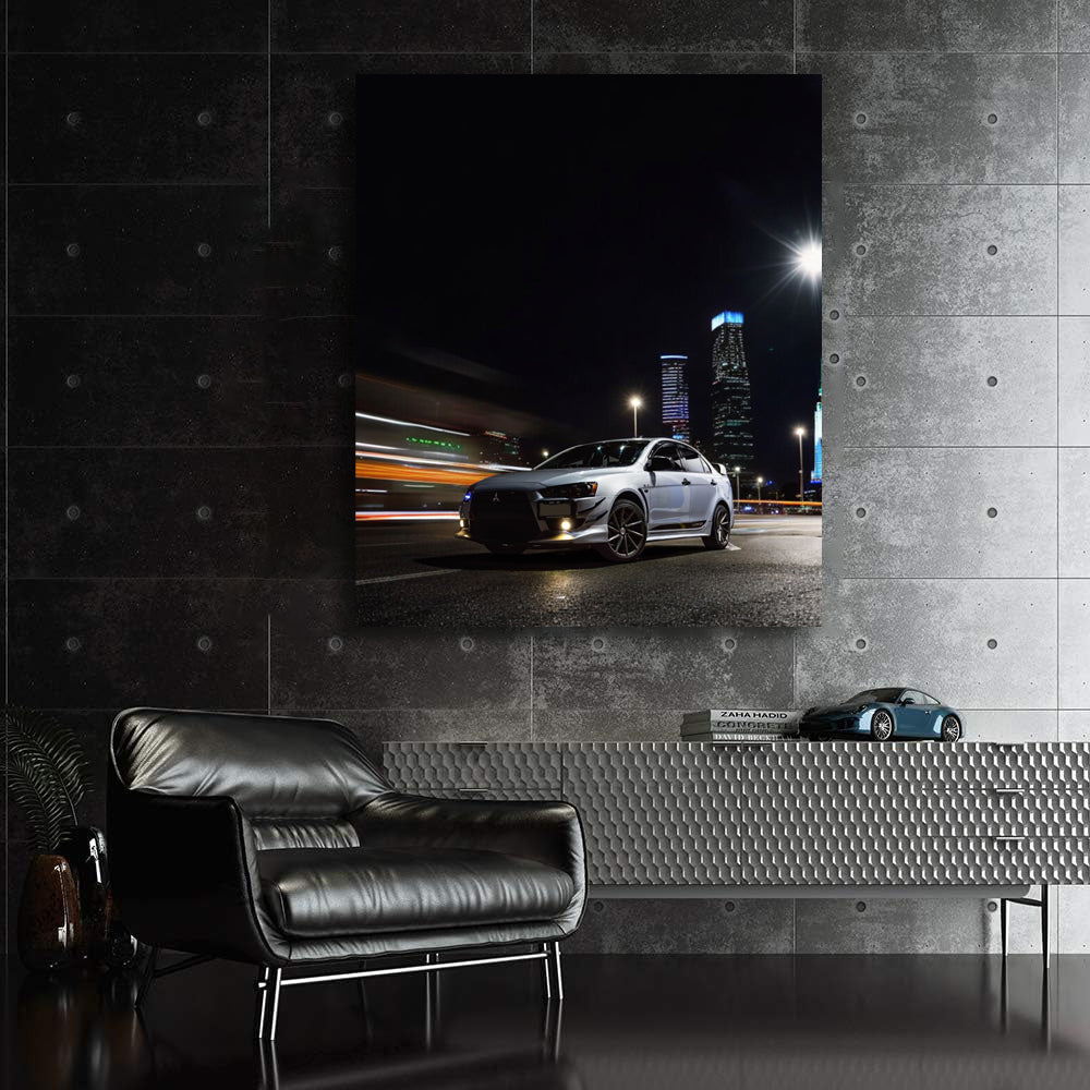 Mitsubishi Lancer Cruising City Streets at Night - Sleek & Bold