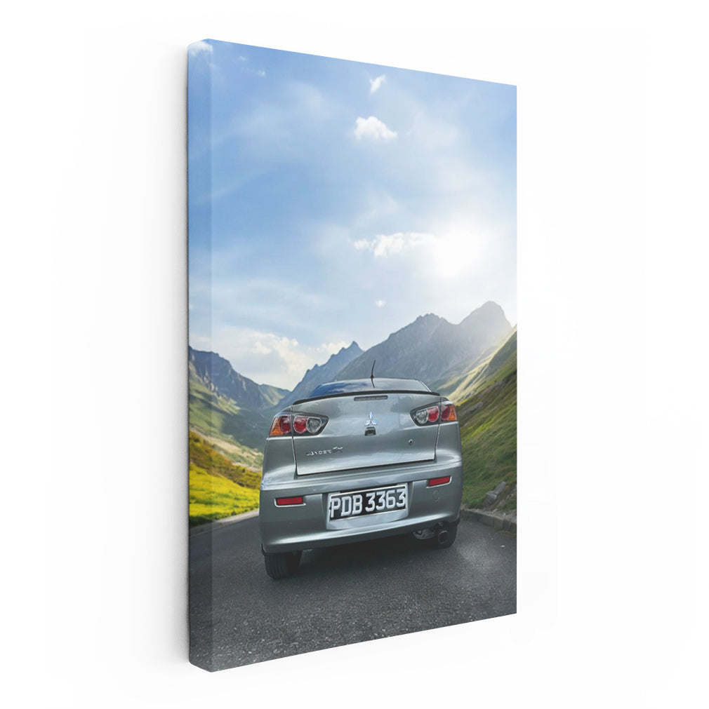 Grey Mitsubishi Lancer in Mountain Landscape - Rugged Elegance