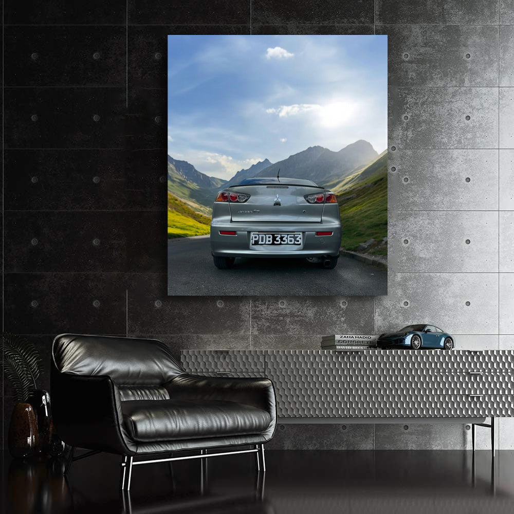 Grey Mitsubishi Lancer in Mountain Landscape - Rugged Elegance