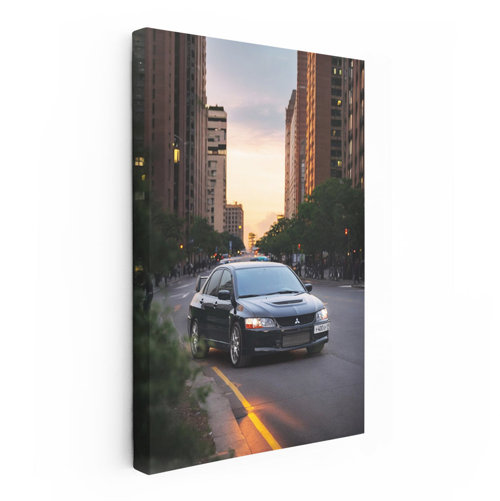 Mitsubishi Lancer Driving Through City at Sunset - Sporty Elegance