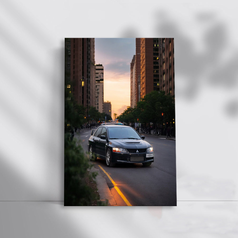 Mitsubishi Lancer Driving Through City at Sunset - Sporty Elegance