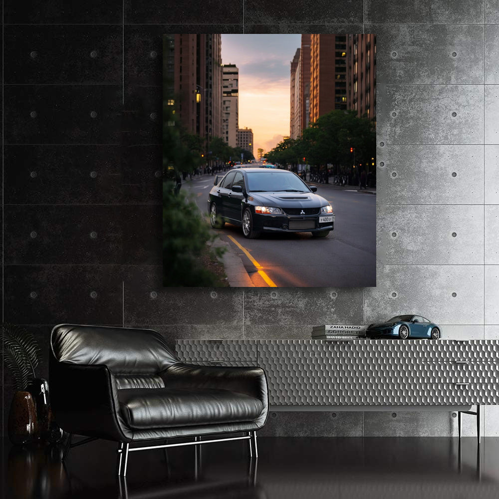 Mitsubishi Lancer Driving Through City at Sunset - Sporty Elegance