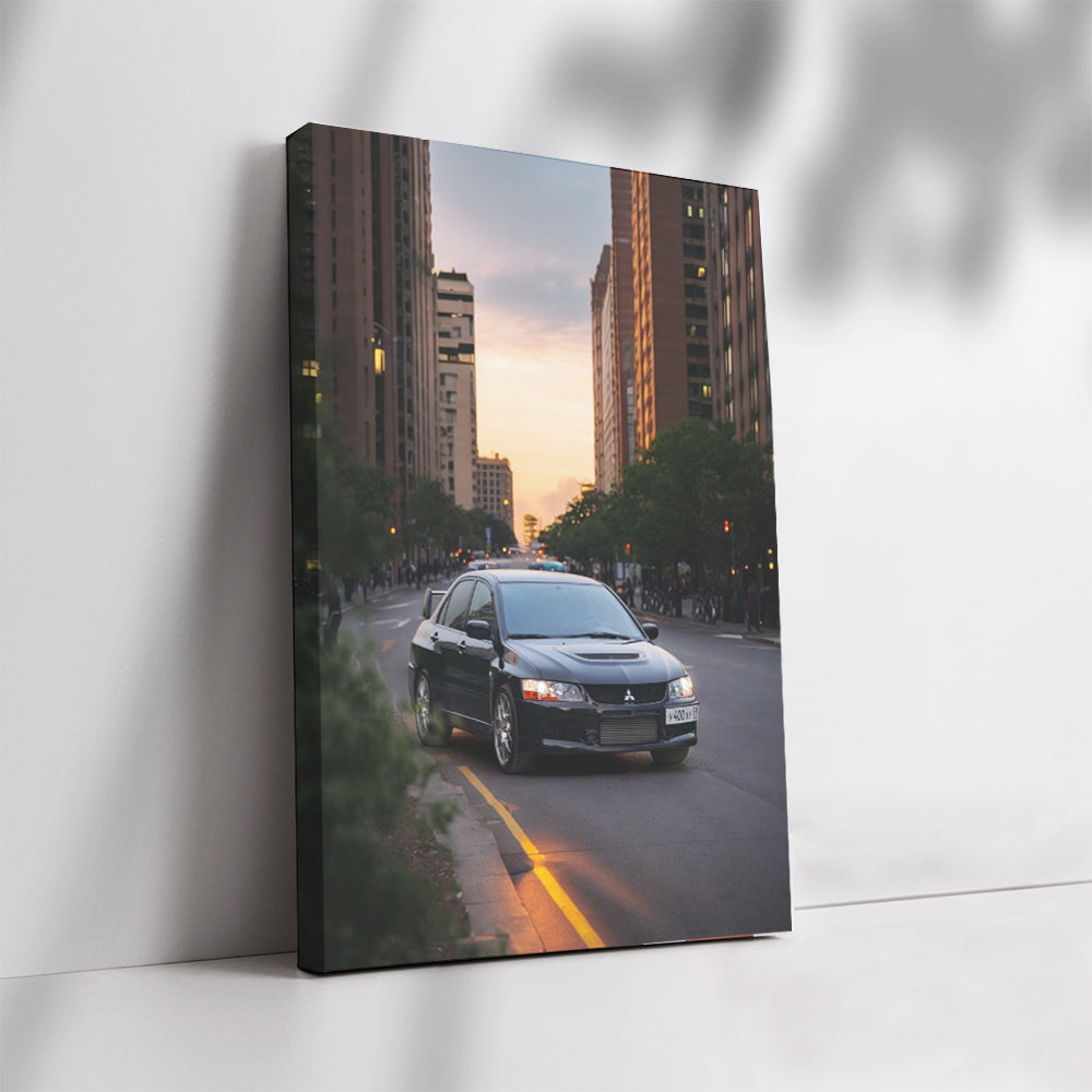 Mitsubishi Lancer Driving Through City at Sunset - Sporty Elegance