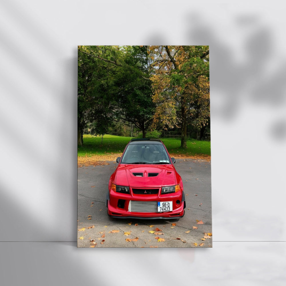 Bright Red Mitsubishi Lancer in Park - Sporty Elegance