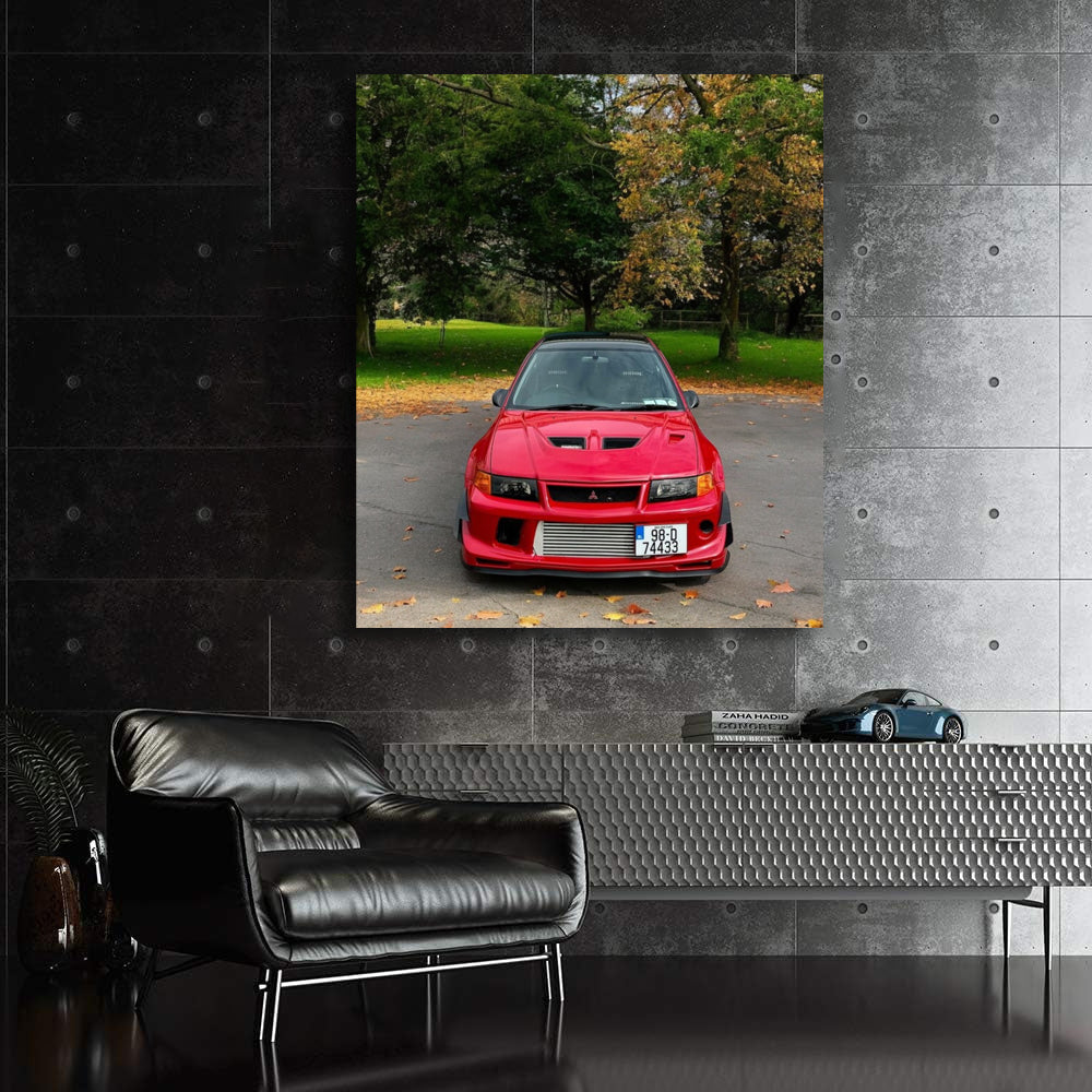 Bright Red Mitsubishi Lancer in Park - Sporty Elegance