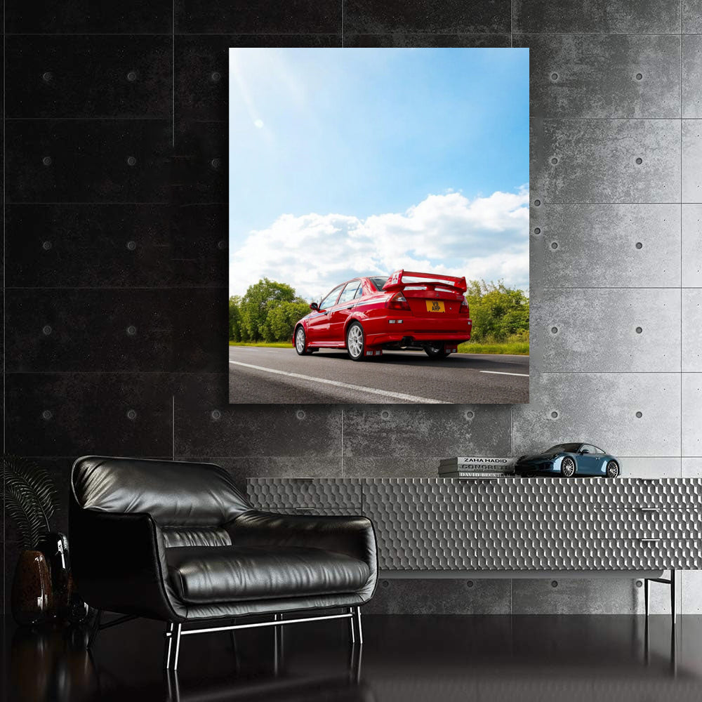 Red Mitsubishi Lancer Cruising Highway - Sporty & Bold