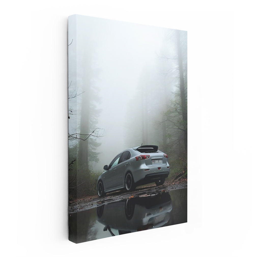 Silver Mitsubishi Lancer in Fog - Sleek and Powerful