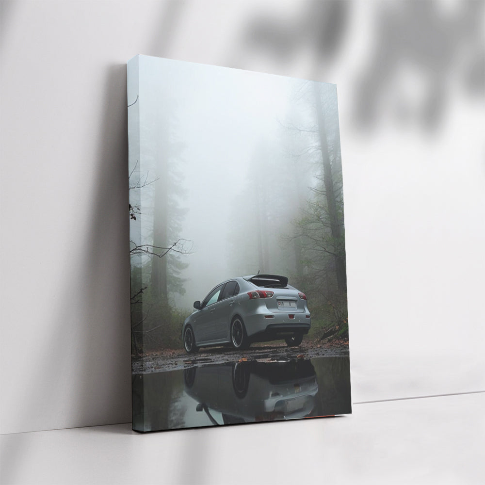 Silver Mitsubishi Lancer in Fog - Sleek and Powerful