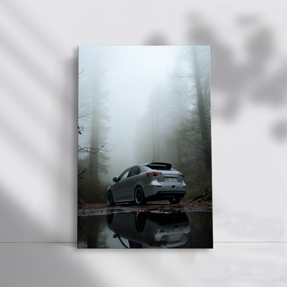 Silver Mitsubishi Lancer in Fog - Sleek and Powerful