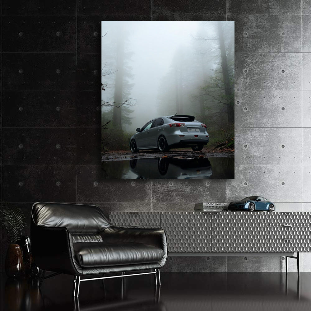 Silver Mitsubishi Lancer in Fog - Sleek and Powerful