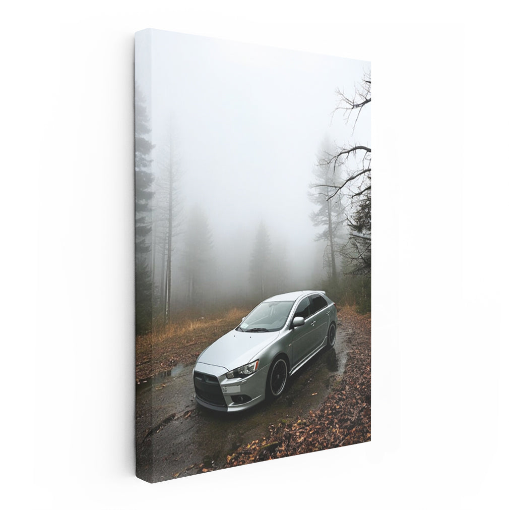 Silver Mitsubishi Lancer in Fog - Sleek and Stylish Drive