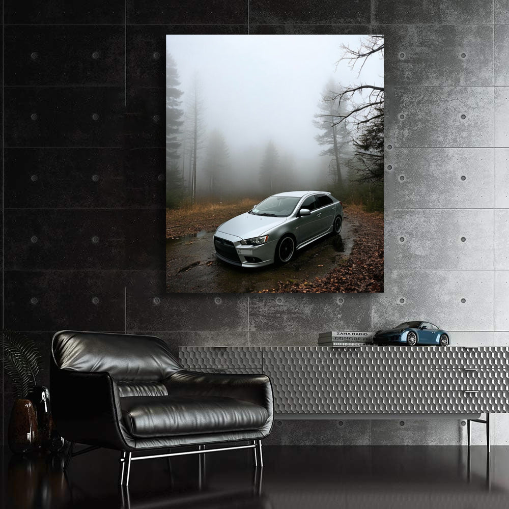 Silver Mitsubishi Lancer in Fog - Sleek and Stylish Drive